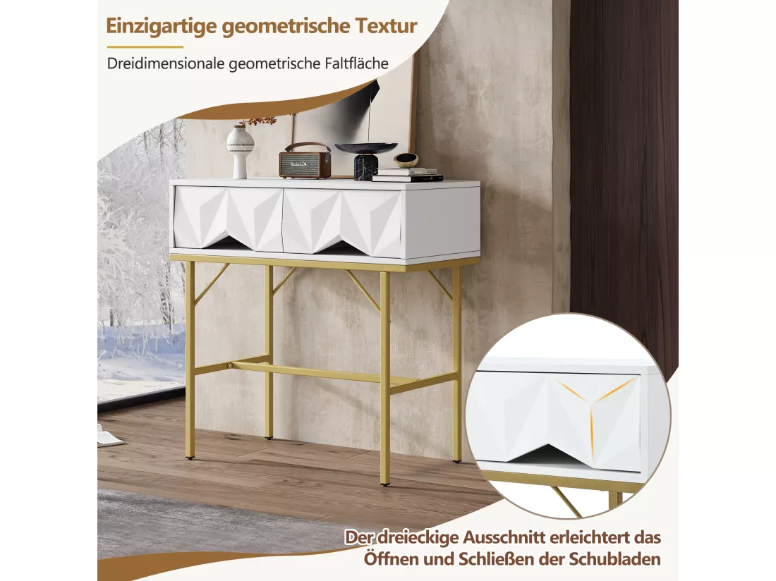 Table console moderne avec 2 tiroirs - 80 x 40 x 80 cm - MDF - pour salon, couloir - blanc + or