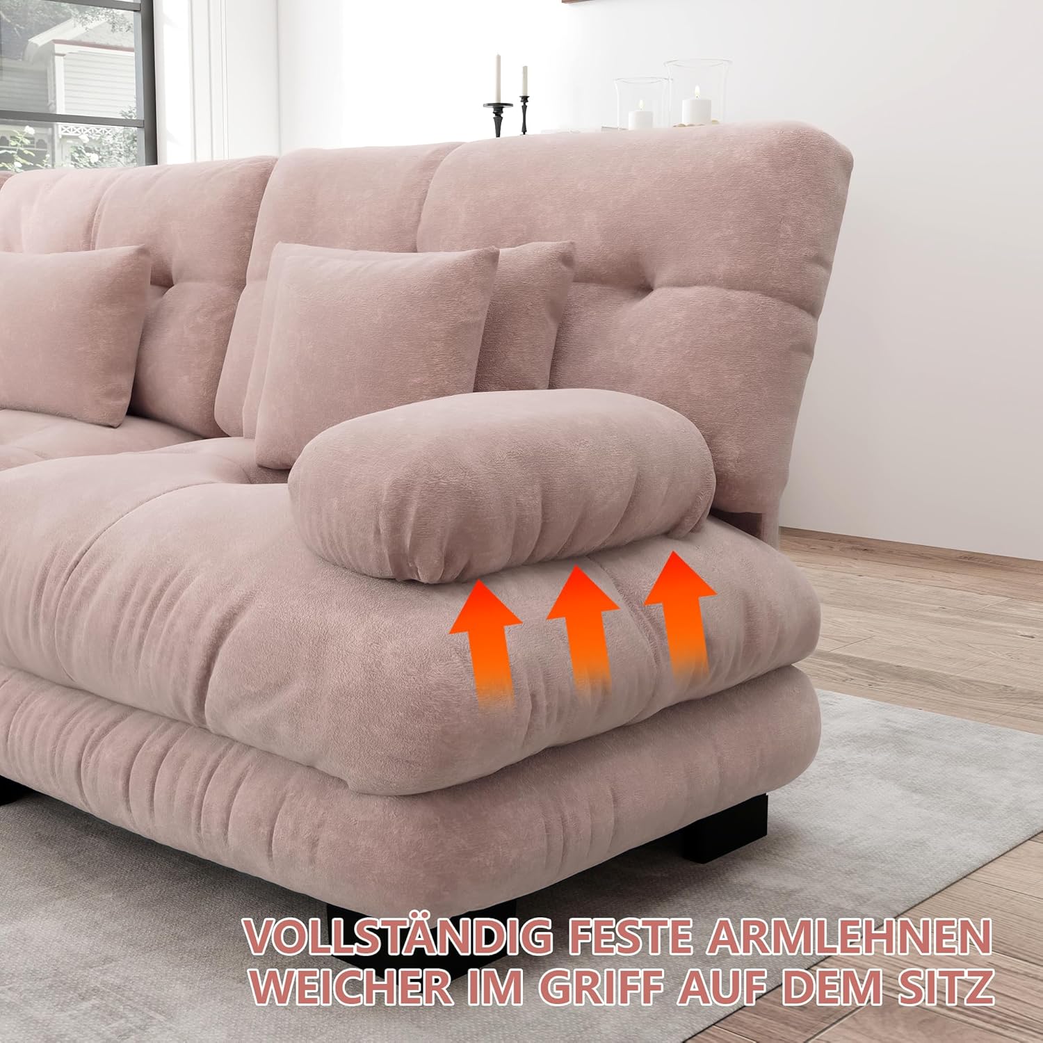 HAUSPROFI Modulares Sofa aus Chenille | Cloud Couch mit Ottomane Lenden- & Dekokissen | Tiefsitz, breite Armlehnen & ohne Montage | für Wohnzimmer, Apartment, Studio, Büro (Rosa,2-Sitzer + 2-Otto)