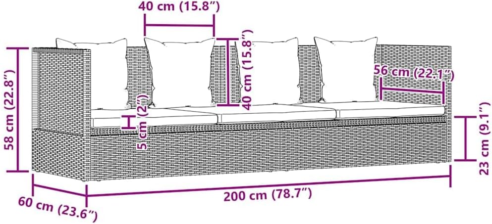 vidaXL Garten-Sofabett mit Kissen Gartensofa Gartenmöbel Gartenliege Loungebett Sofa Garten Schlafsofa Sofa Poly Rattan 200x60cm Grau