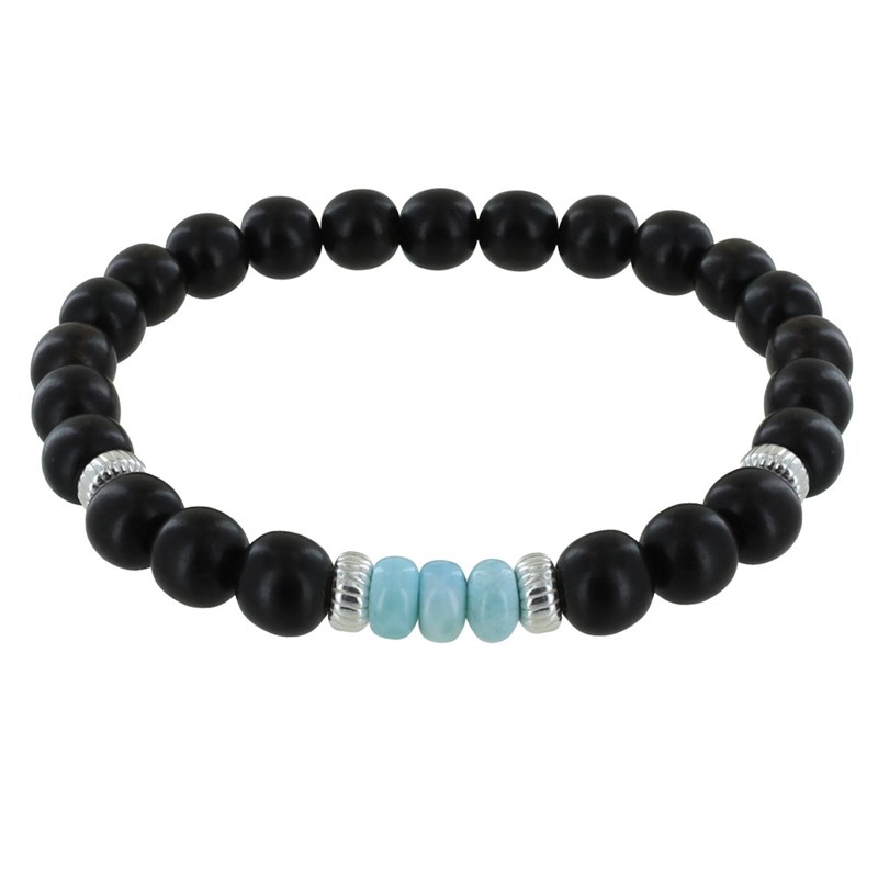 Duo Bracelets Homme et Femme Perles d'Ebènes et Trois Anneaux de Larimar