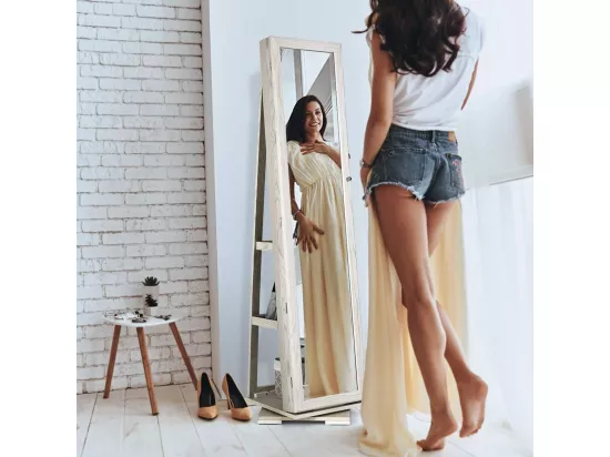 Armoire à Bijoux Pivotante à 360 Degrés, Organisateur de Bijoux sur Pieds, avec Grand Miroir Psyché et Etagère de Rangement à L’Arrière (Blanc)
