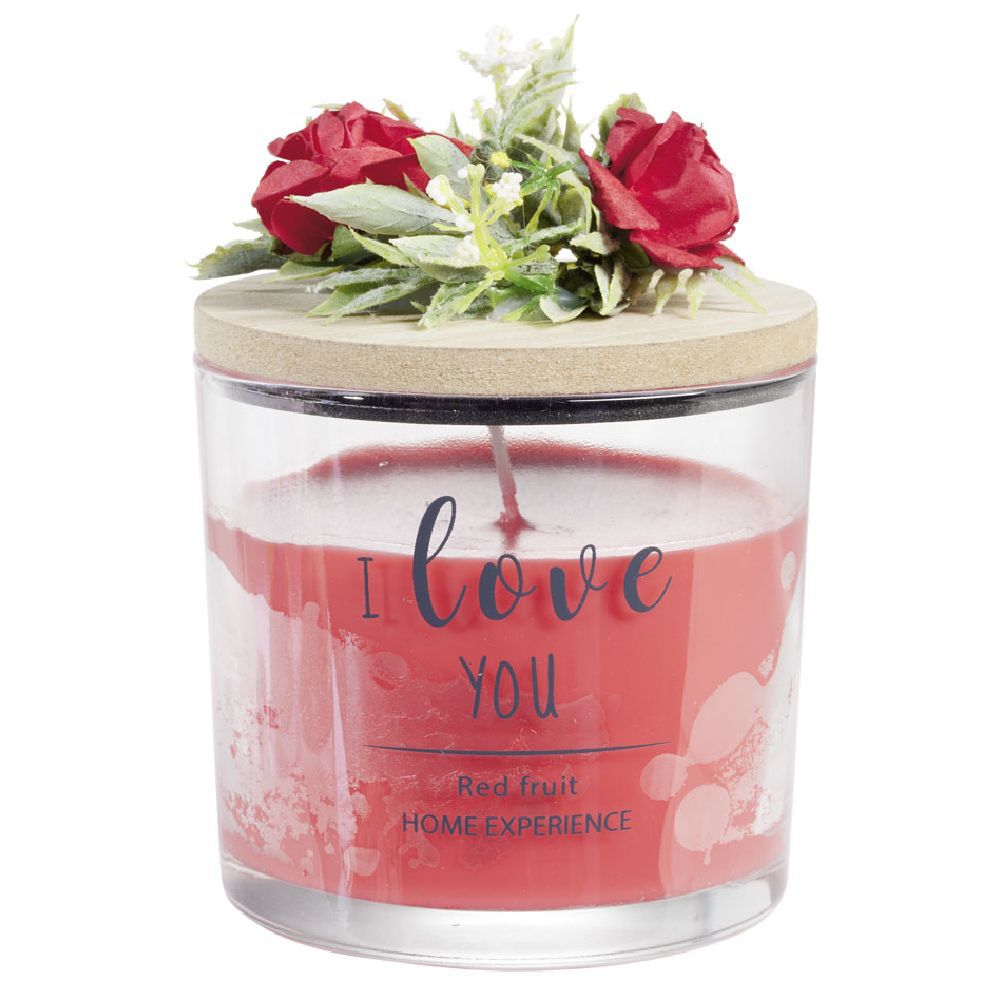 Bougie parfumée dans verre couvercle bois fleur message Ø8xH11cm
