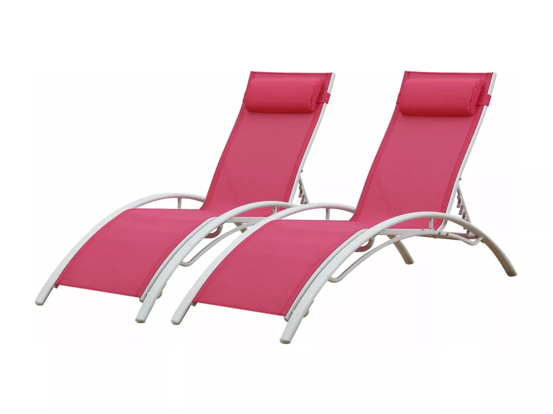 Lot de 2 transats GALAPAGOS en textilène rose - aluminium blanc - HAPPY GARDEN
