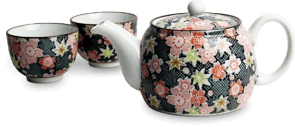 Thee Set 3-delig Bloemenpatroon Zwart Roze