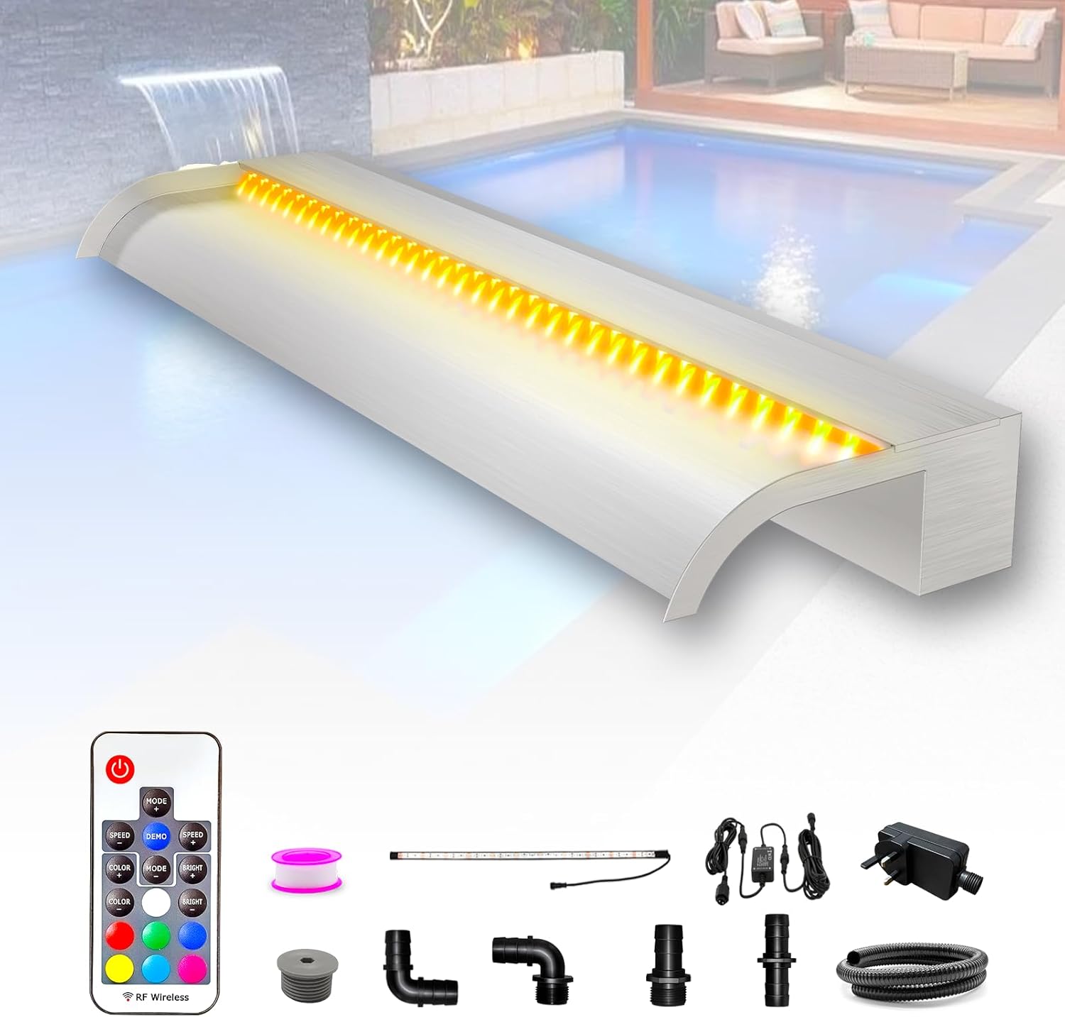 Longrun 90cm Teich Wasserfall Klingen Set, 304 Edelstahl Gebogener Wasserfall mit 7 Farben LED und Fernbedienung, Breite 25.5cm
