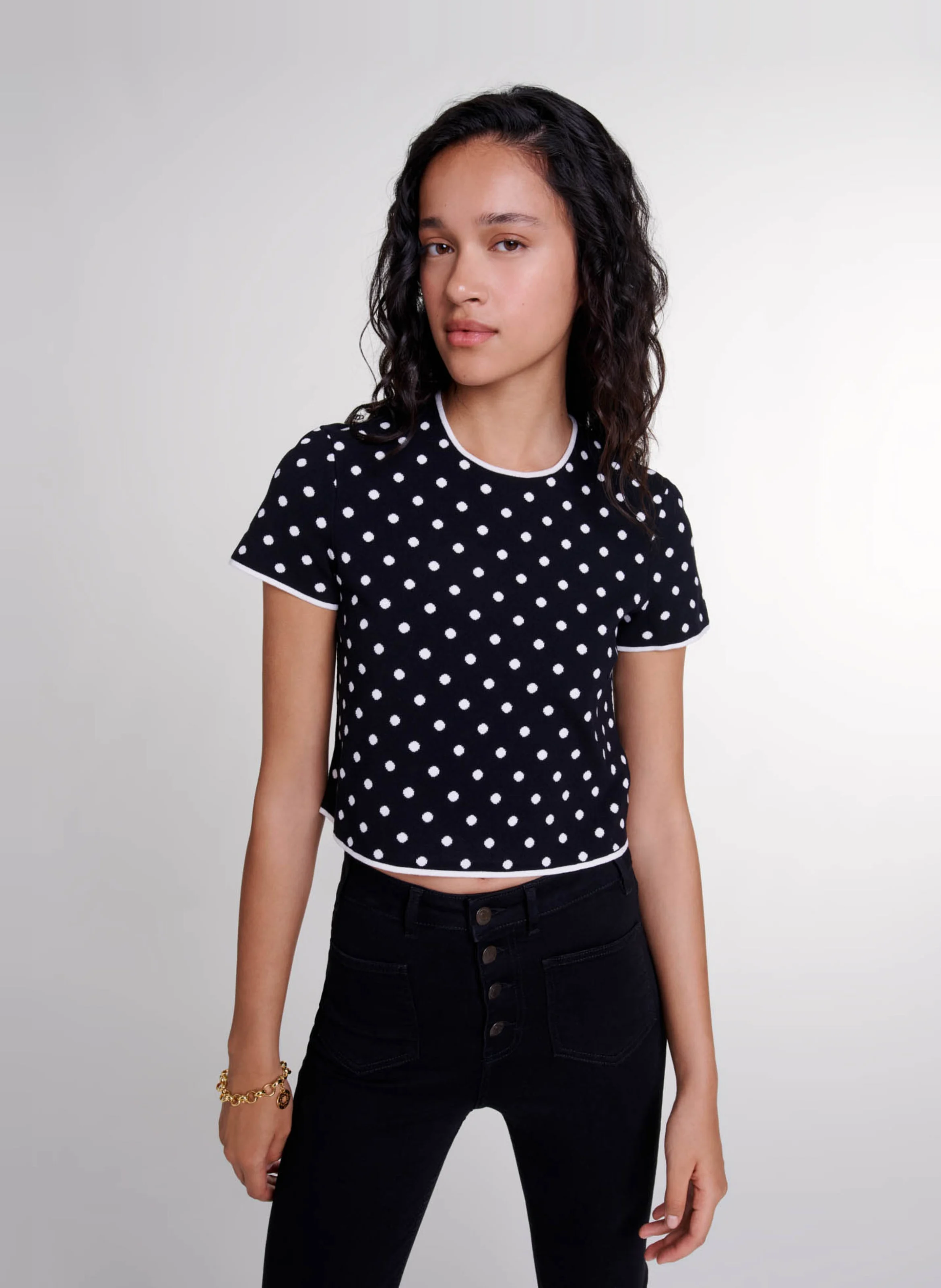 Top droit col rond en jacquard imprimé | Noir