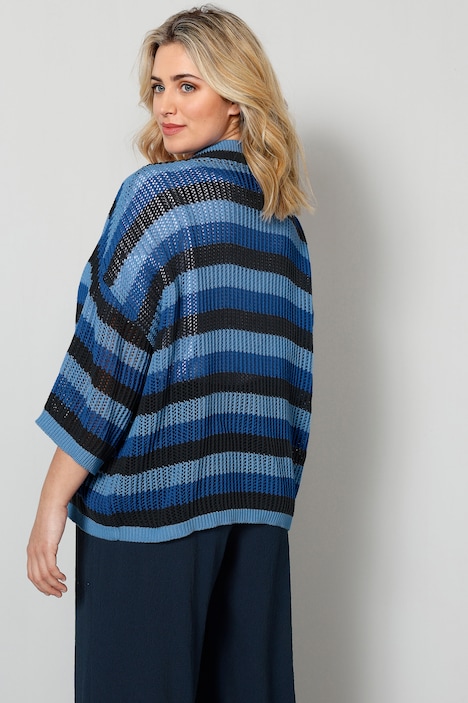 Strickjacke, oversized, Rippstrick, Streifen, offene Form, 3/4-Ärmel
