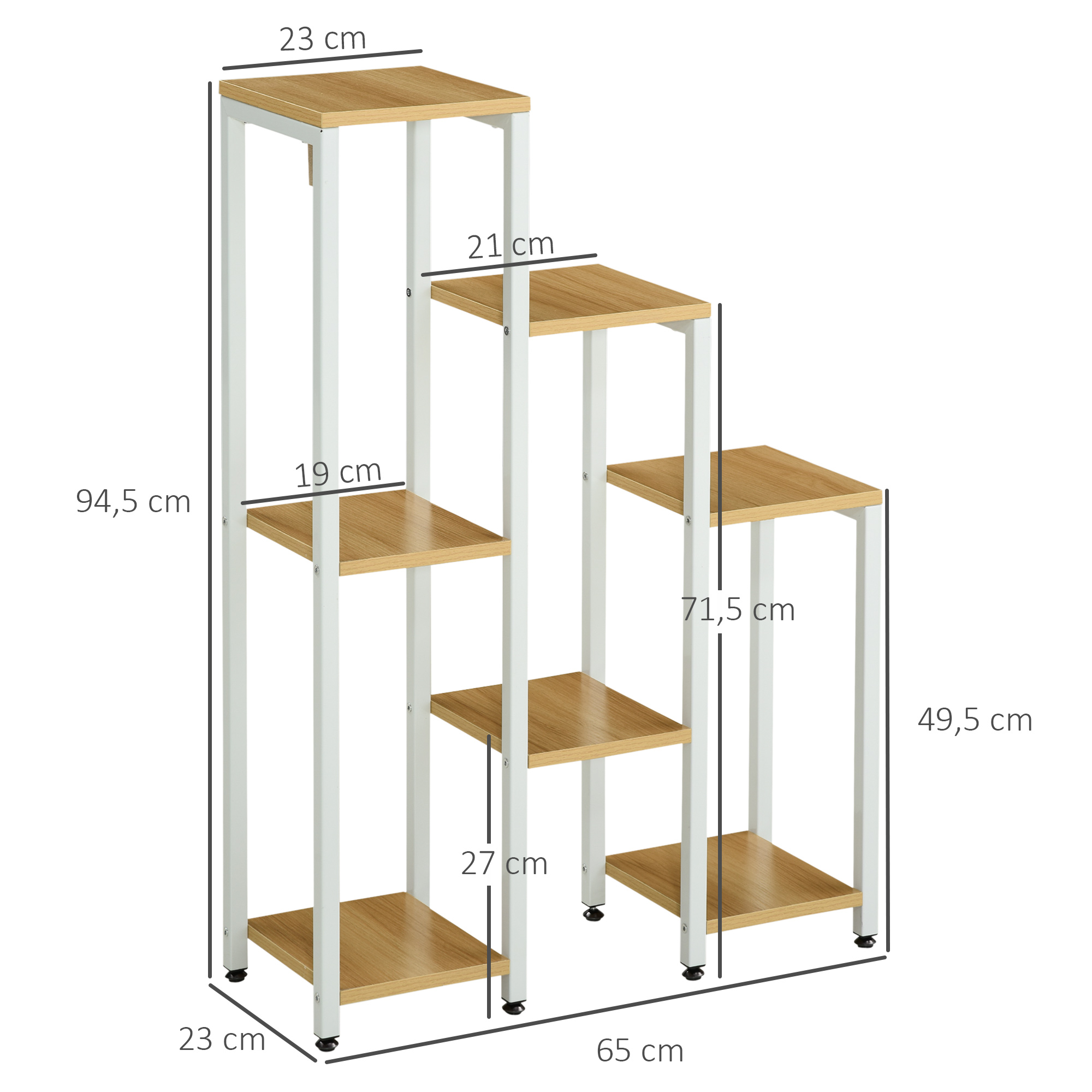 Suporte para plantas Outsunny, expositor de vasos de flores com 7 prateleiras e estrutura de aço para uso interno e externo, 65x23x94,5 cm, cores natural e branca.
