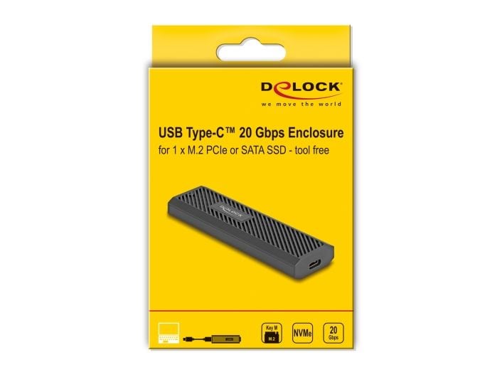 Delock Externes Gehäuse M.2 NVMe PCIe, SATA SSD USB-C, 20 G Delock Externes USB Type-C 20 Gbps Combo Gehäuse für M.2 NVMe PCIe oder SATA SSD – werkzeugfrei
