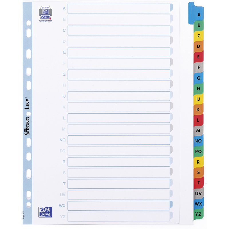 Intercalaire A4+ carte bristol blanche OXFORD 20 onglets alphabétiques multicolores - 1 jeu