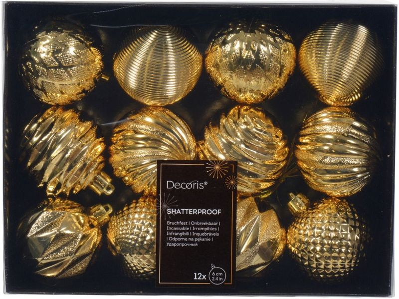 Decoris - Gedecoreerde Kerstballen - Goud - Kunststof - 12 Stuks