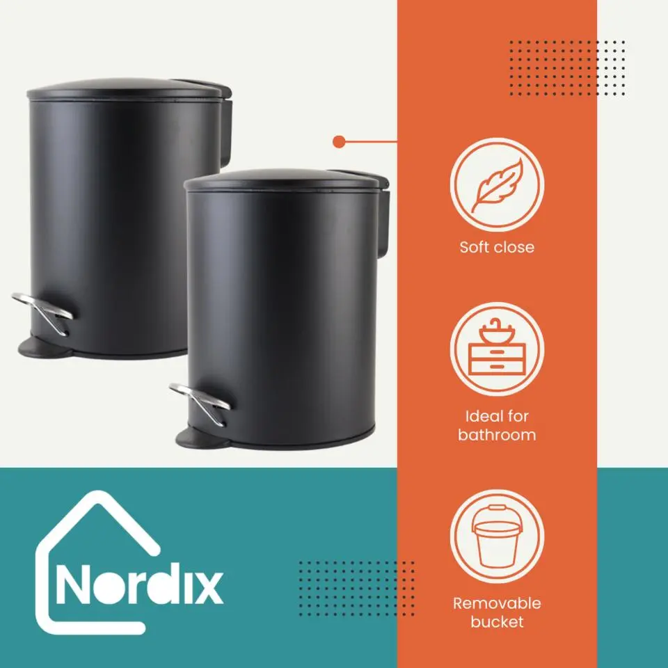 Nordix Pedaalemmer 3 Liter 2 Stuks Badkamer Toilet Zwart Metaal
