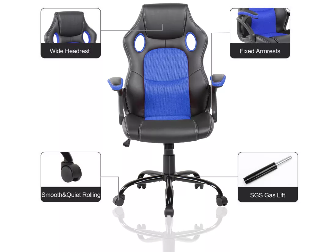 Fauteuil Gamer Siège Noir Bleu Nylon Simili-cuir 120x66x63