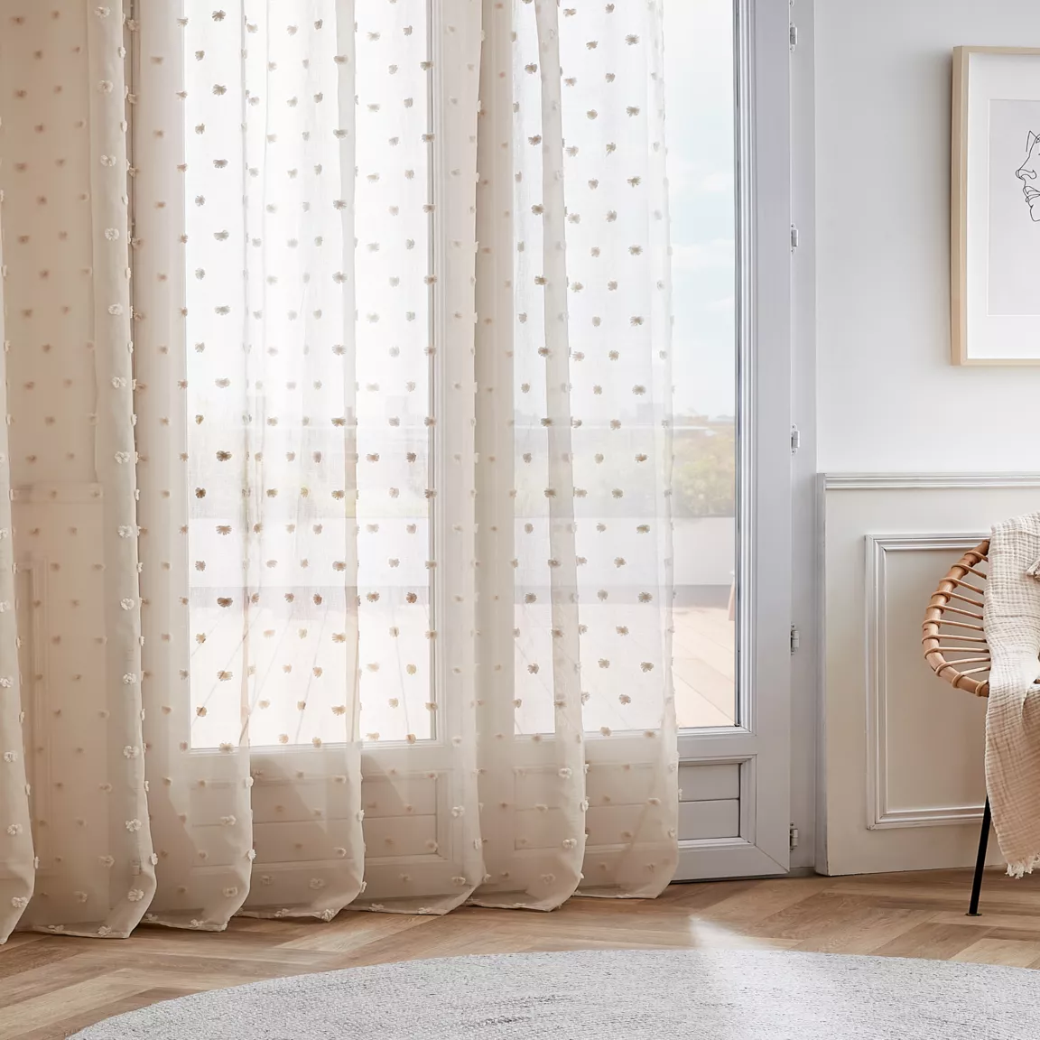 Voilage galon fronceur pompons (280 x 240 cm) Emie Beige