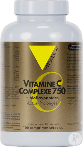 Vit'all+ Vitamine C Complexe 750mg Action Prolongée Avec Bioflavonoïdes 100 Comprimés Sécables