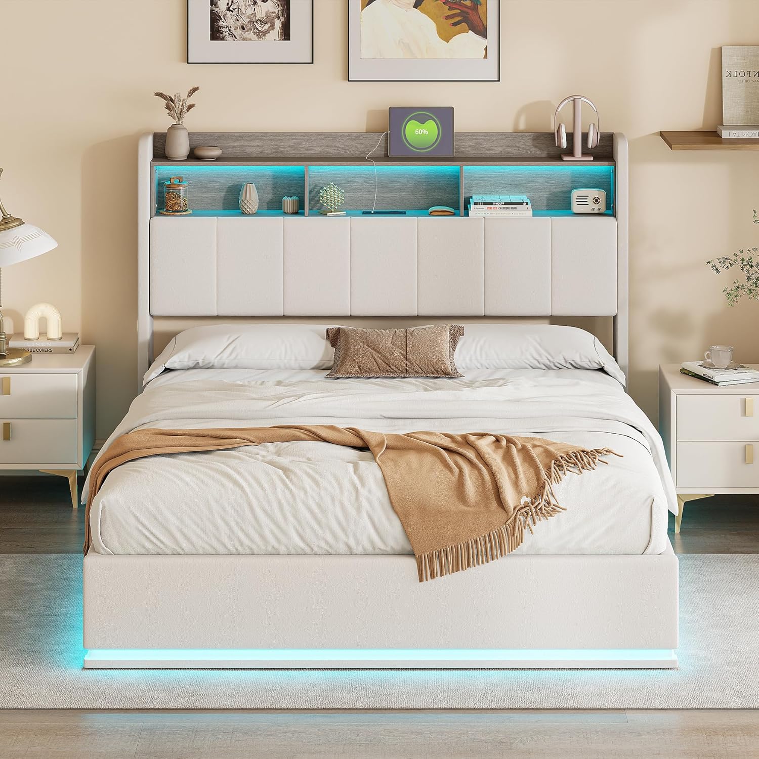 Bett mit Stauraum,Polsterbett Doppelbett 140x200 cm mit LED,Hydraulisch Stauraumbett LED-gepolstertes Bett mit Bettkasten für Doppelbett mit Aufbewahrung mit Kopfteil und Lattenrost Funktionsbett