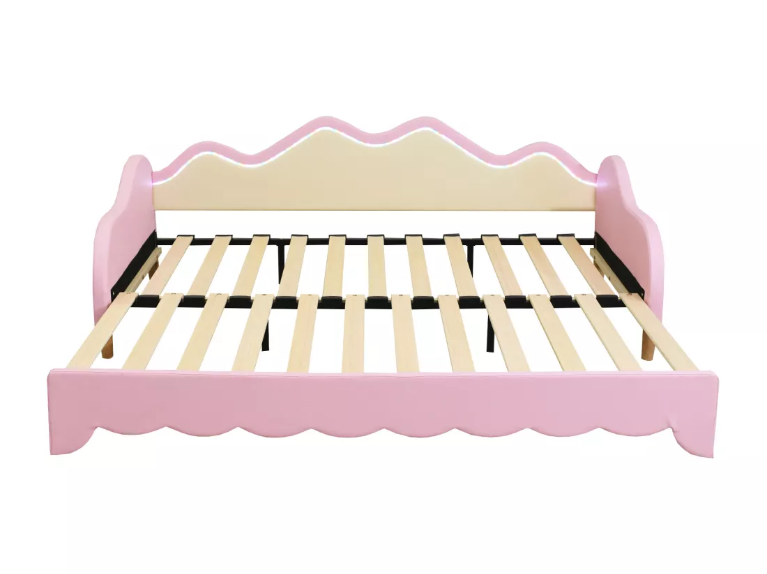 Lit gigogne 90/180 x 190 cm pour enfant - Canapé-lit - Cuir PU - LEDs - Rose