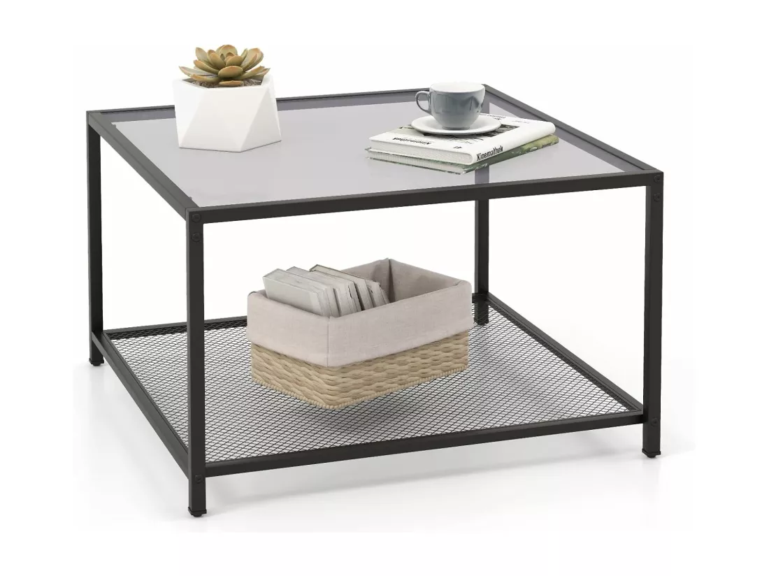Table basse carrée, table basse verre avec étagère en maille, noir 70 x 70 x 45 cm (gris)