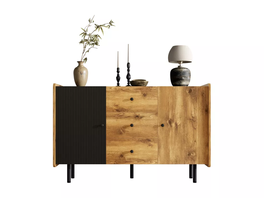 Buffet contemporain - 2 portes et 3 tiroirs - Noir & Naturel