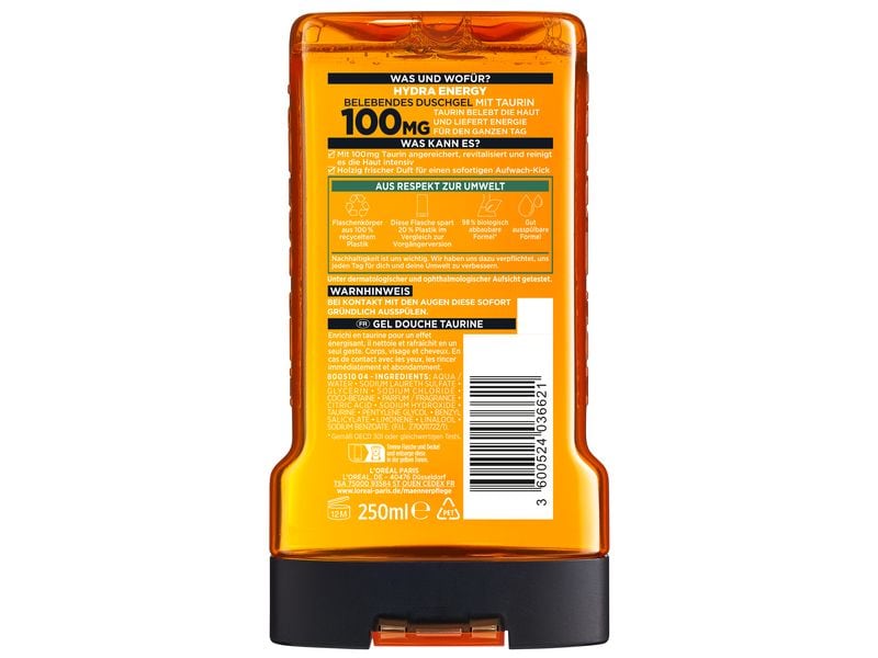 L'Oréal Men Expert Duschgel Hydra Energy 250 ml Pflegedusche reinigt intensiv und verfügt über eine erfrischende Wirkung