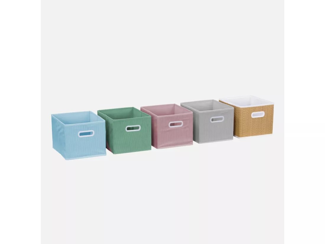 Meuble de rangement pour enfant avec 7 compartiments et 2 paniers roses et 2 paniers gris en velours