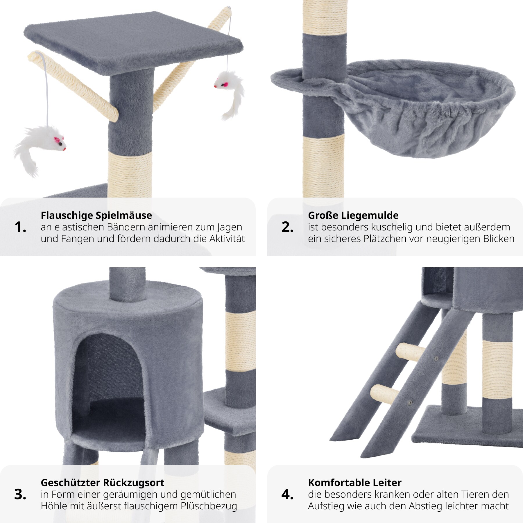 tectake® Kratzbaum, 144 cm, mit Katzenhaus, inklusive Treppe, 3 Spielmäusen und Kippschutz