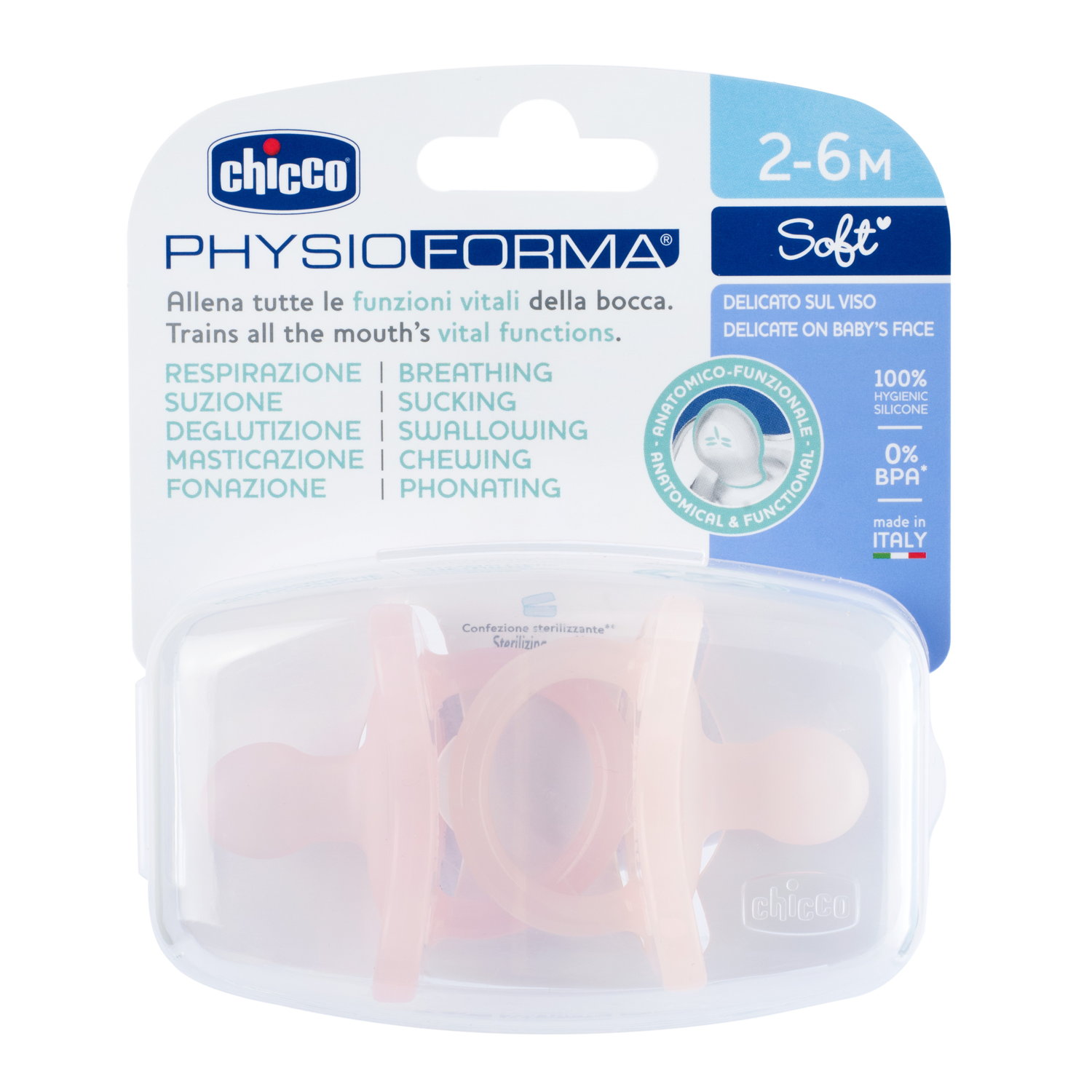 CHICCO Physiologischer Beruhigungssauger PHYSIOFORMA SOFT Silikon Pink 2-6m 2 Stk