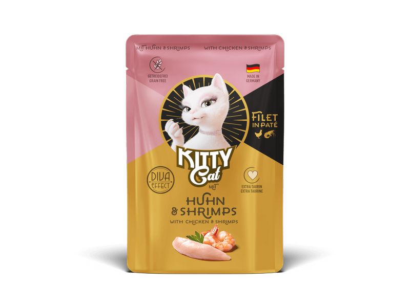 KITTY Cat Nassfutter Filét Paté Pouch Huhn, Shrimps 85 g Alleinfuttermittel für ausgewachsene Katzen