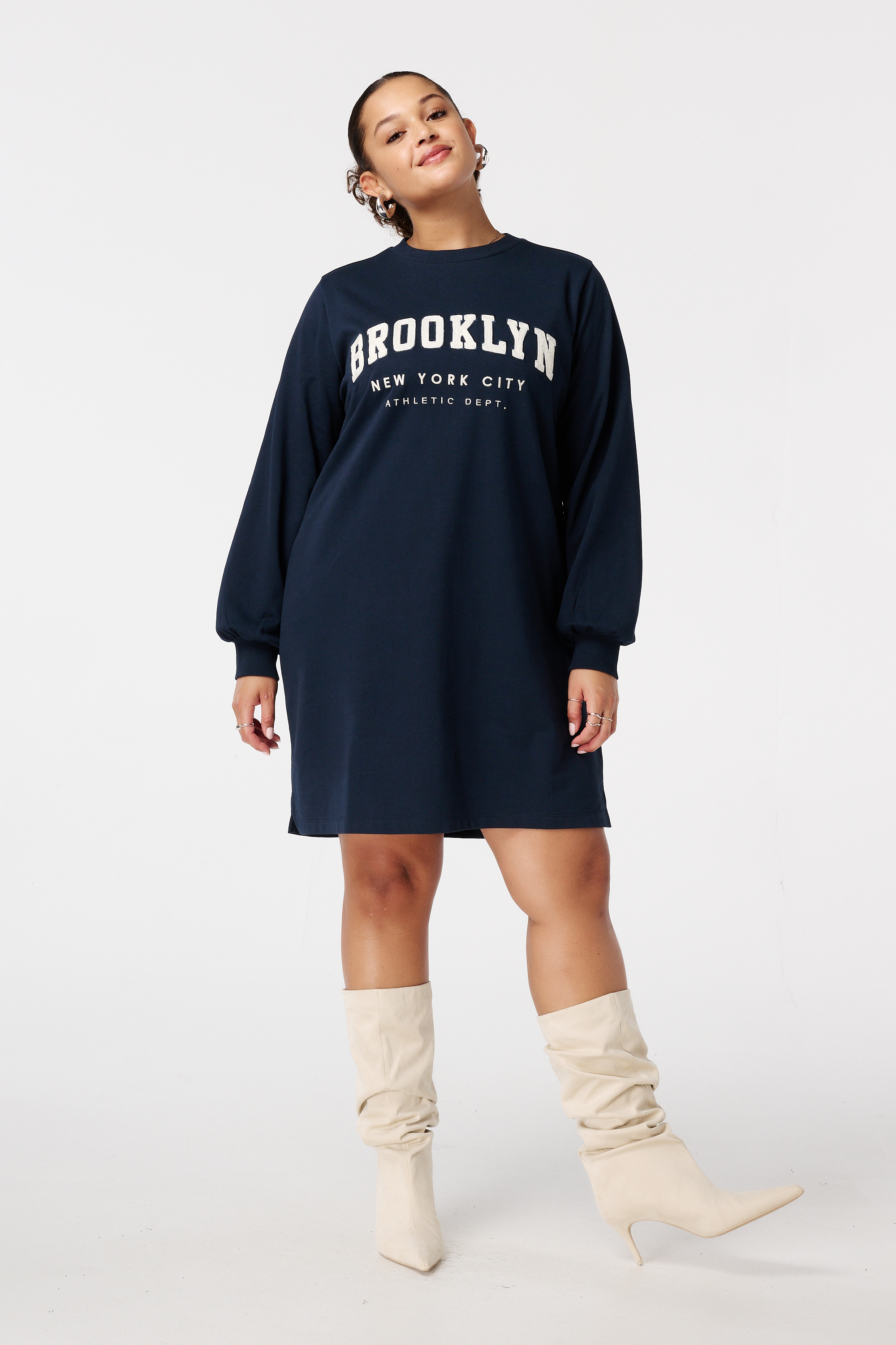 Sweater dress met tekst Navy blauw