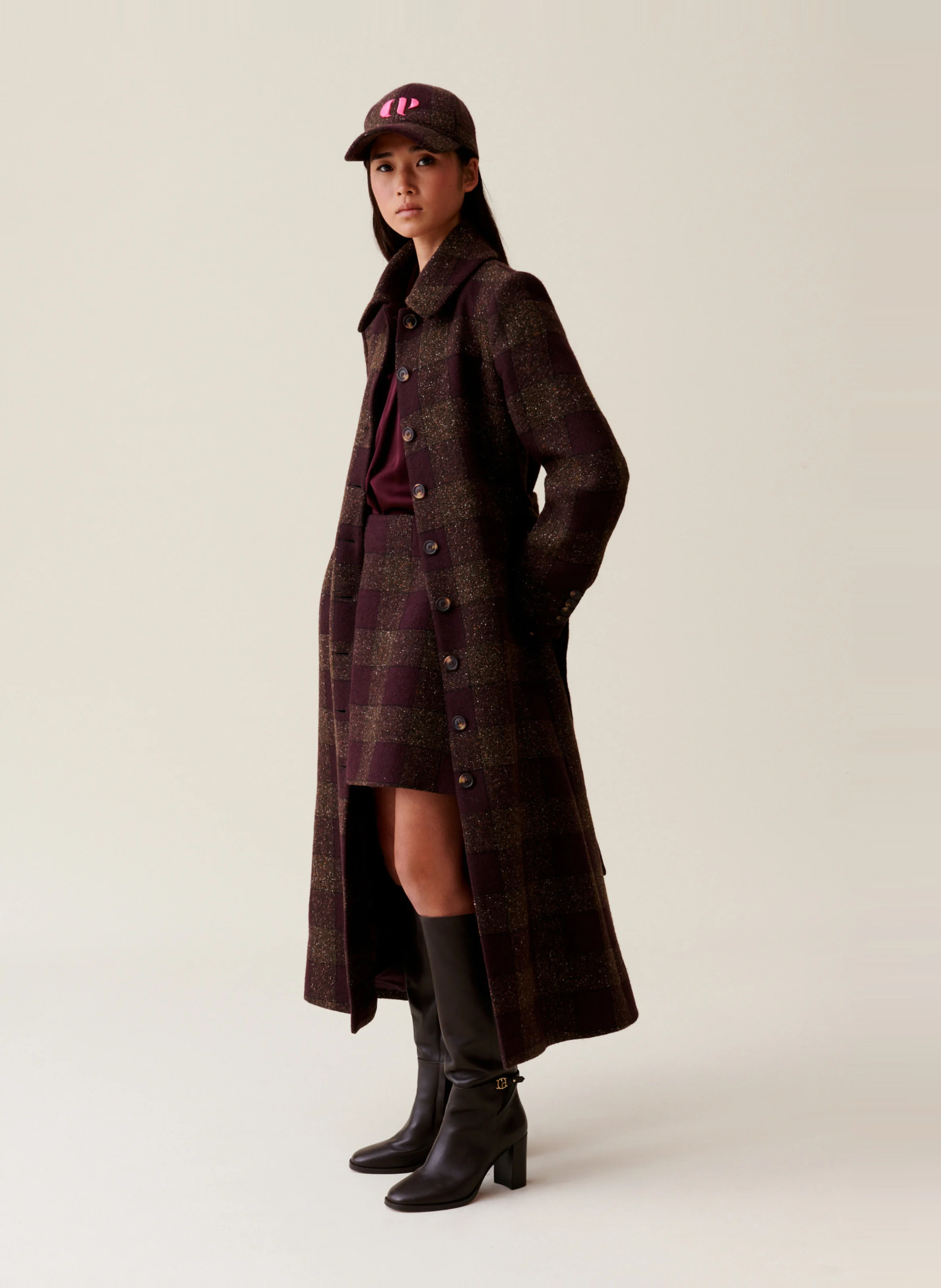 Manteau col classique droit en laine et coton mélangé | Multicolore