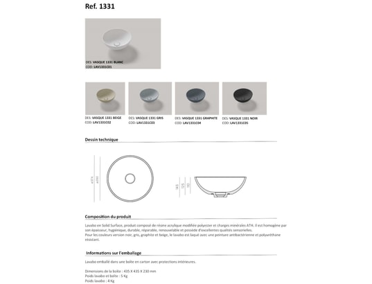 RESIGRES - Vasque à poser, ronde ø37,4*h14,5cm, résigrès canuta gris ...