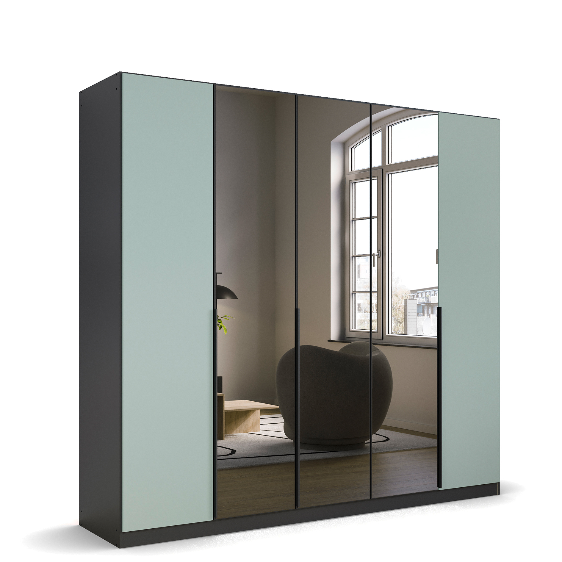 Drehtürenschrank - grau metallic-salbei - 226 cm - 5-türig