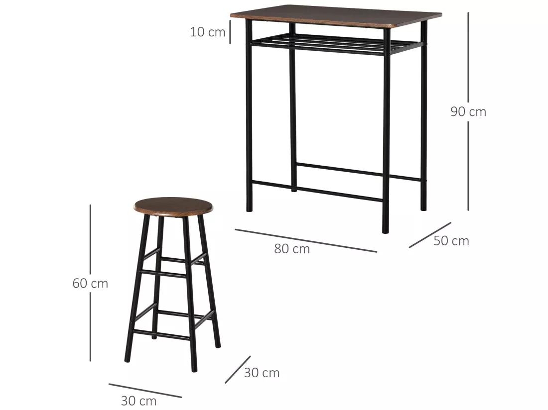 Ensemble table de bar design industriel + 2 tabourets MDF imitation bois noyer métal noir