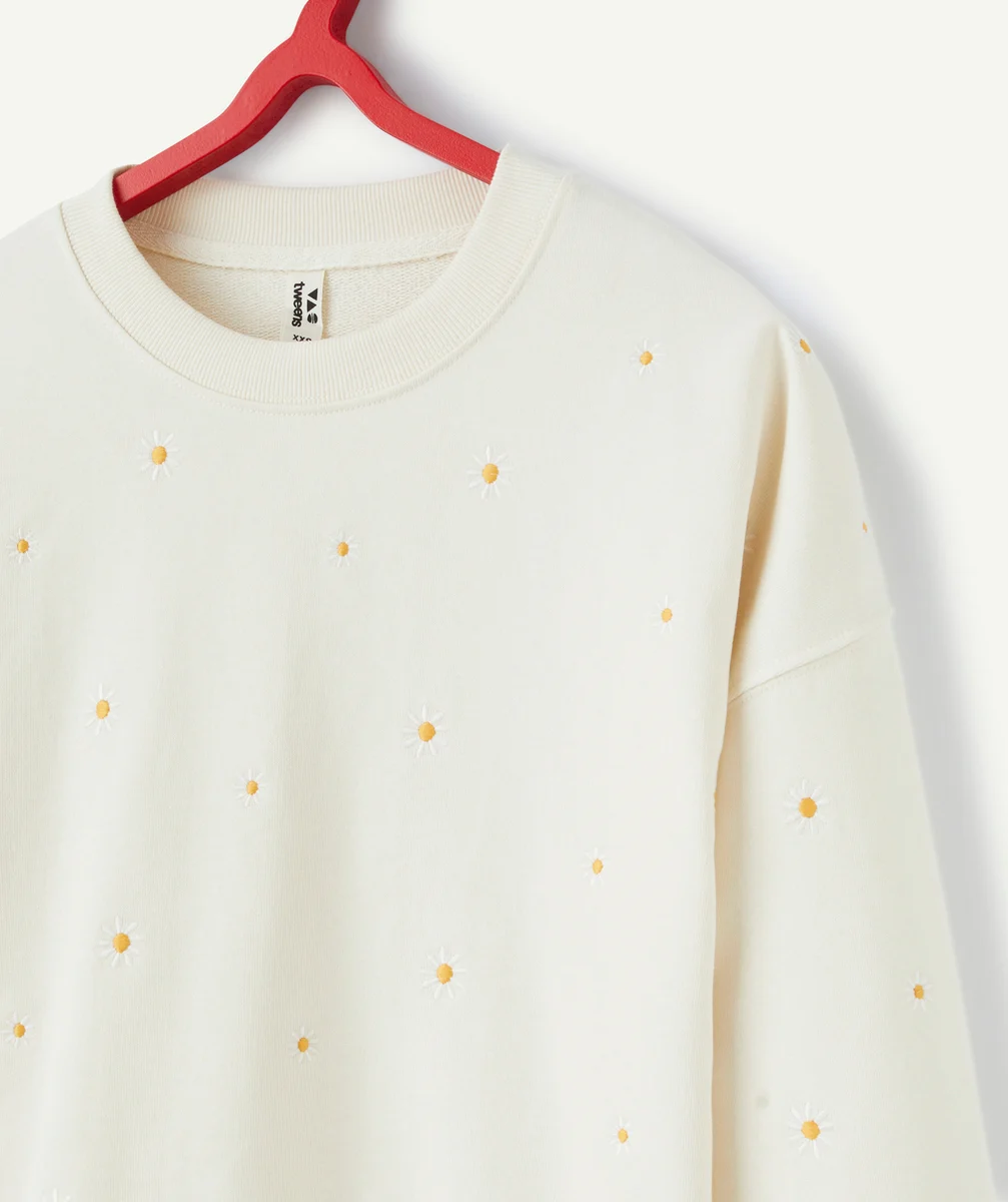 sweat manches longues fille en coton bio écru avec broderies marguerites
