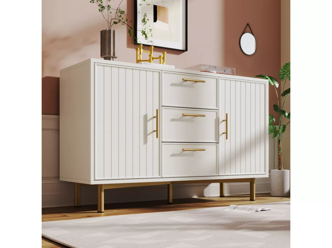 Armoire à tiroirs avec 2 portes et 3 tiroirs, étagère réglable, pour salon chambre, blanc - h75 / B120 / T40 cm
