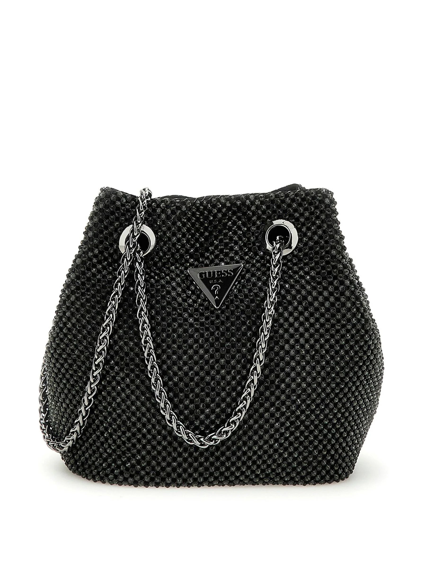 Zwart - Guess Zalina Rhinestone Embellished Pouch Bucket Bag
