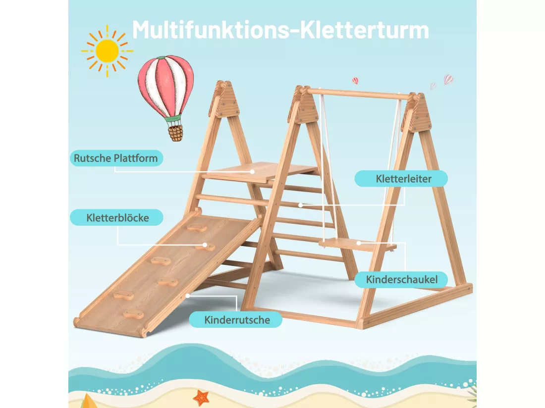 Toboggan et balançoire pour enfants, jouets en bois pour enfants. Fabriqué en pin massif, contreplaqué. Jouet pour enfants 3 en 1 avec structure d'escalade, balançoire, toboggan, jouet combiné pour l'intérieur