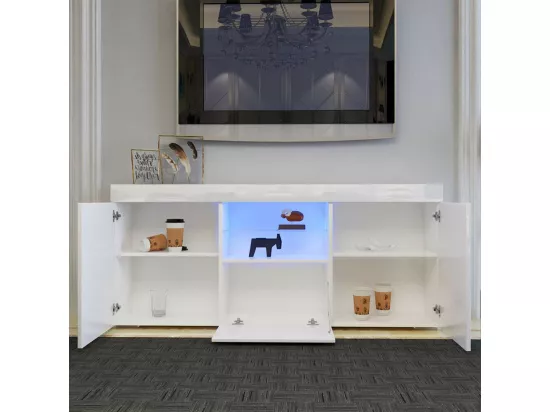 Meuble TV Blanc Brillant avec LED Lumière, 3 Portes, Etagère en Verre, Banc TV Moderne, Buffet Salon, 135x35x70cm