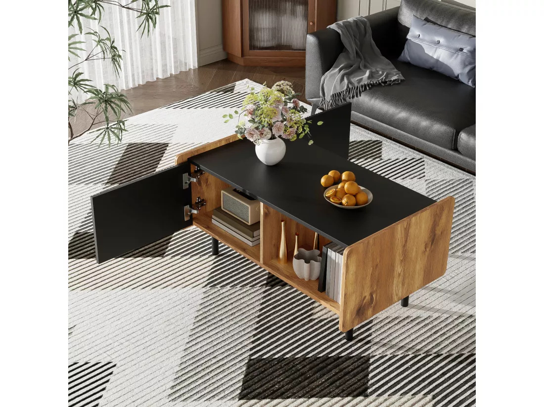 Table basse avec 2 portes et 2 compartiments ouverts - 90 x 55 x 45.5 cm - Panneaux de particules et MDF - Noir et bois