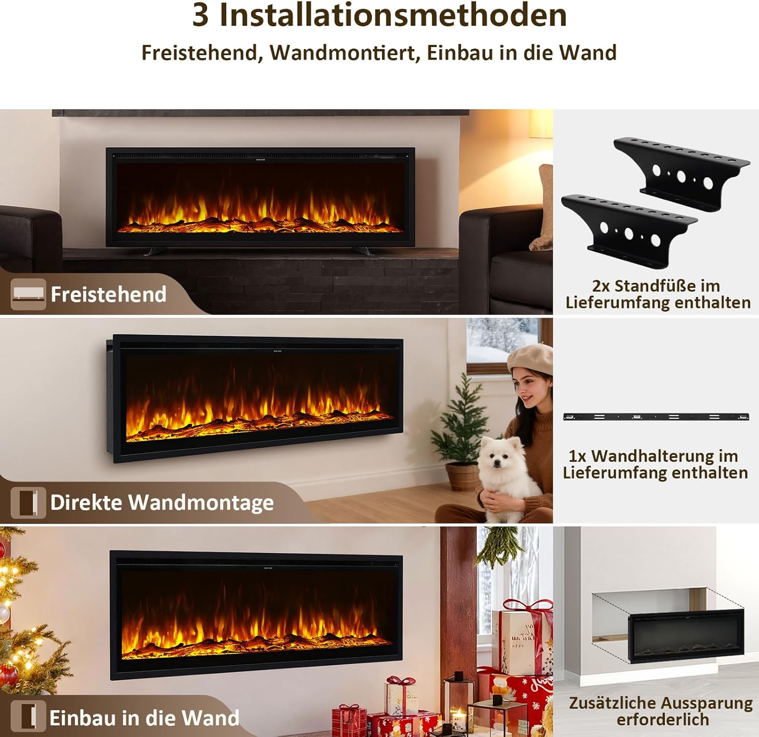 INMOZATA 60 Zoll Elektrokamin mit Heizung, 3-IN-1 Elektrokamin Wand/Einbau/Standkamin,Kamin Elektrisch mit Heizung 900W&1800W, 12 Flammenfarben, Heizfunktion, Thermostat, Timer, Fernbedienung