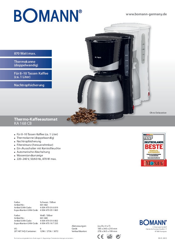 BOMANN Thermo-Kaffeeautomat KA 168 CB 870 Watt schwarz
