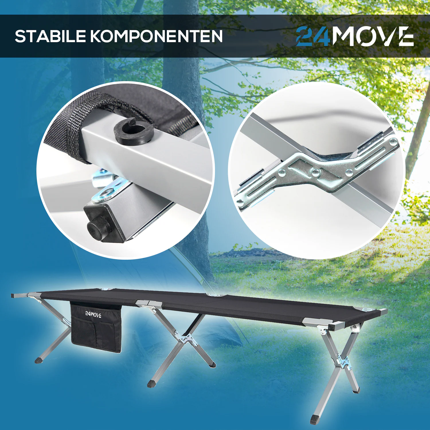 24MOVE® Feldbett Campingbett bis 180 kg In-und Outdoor Camping faltbar, inkl. Tragetasche für einfachen Transport