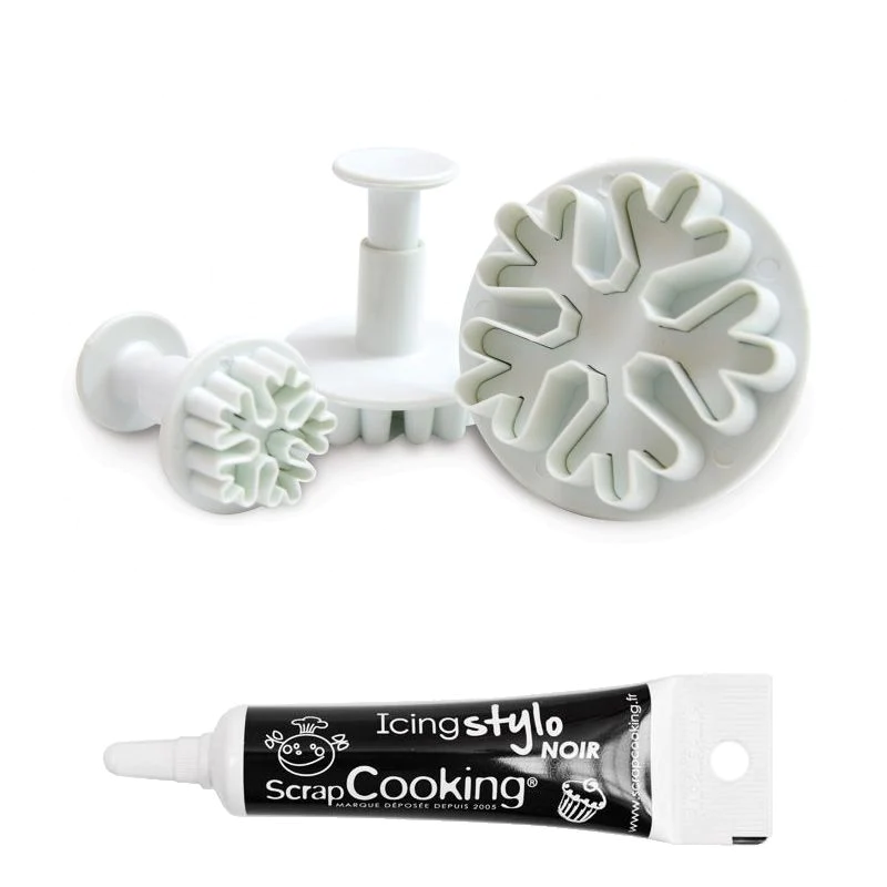 3 découpoirs et éjecteurs pâte à sucre Flocons + Stylo glaçage noir Sc