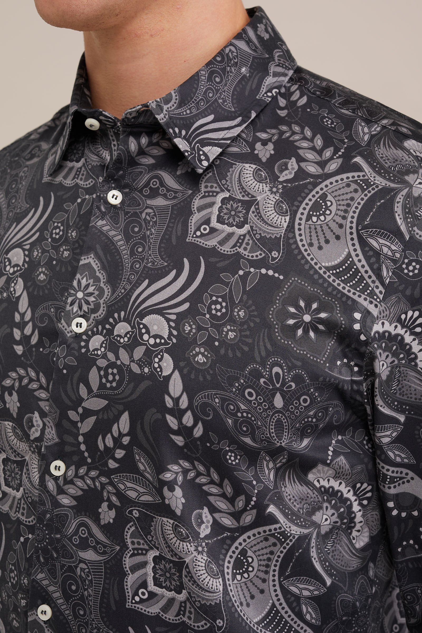 satijn look overhemd met print WE Fashion Donkergrijs