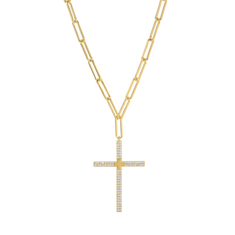 Collier Argent Doré Croix Sertie De Zirconiums Blanc