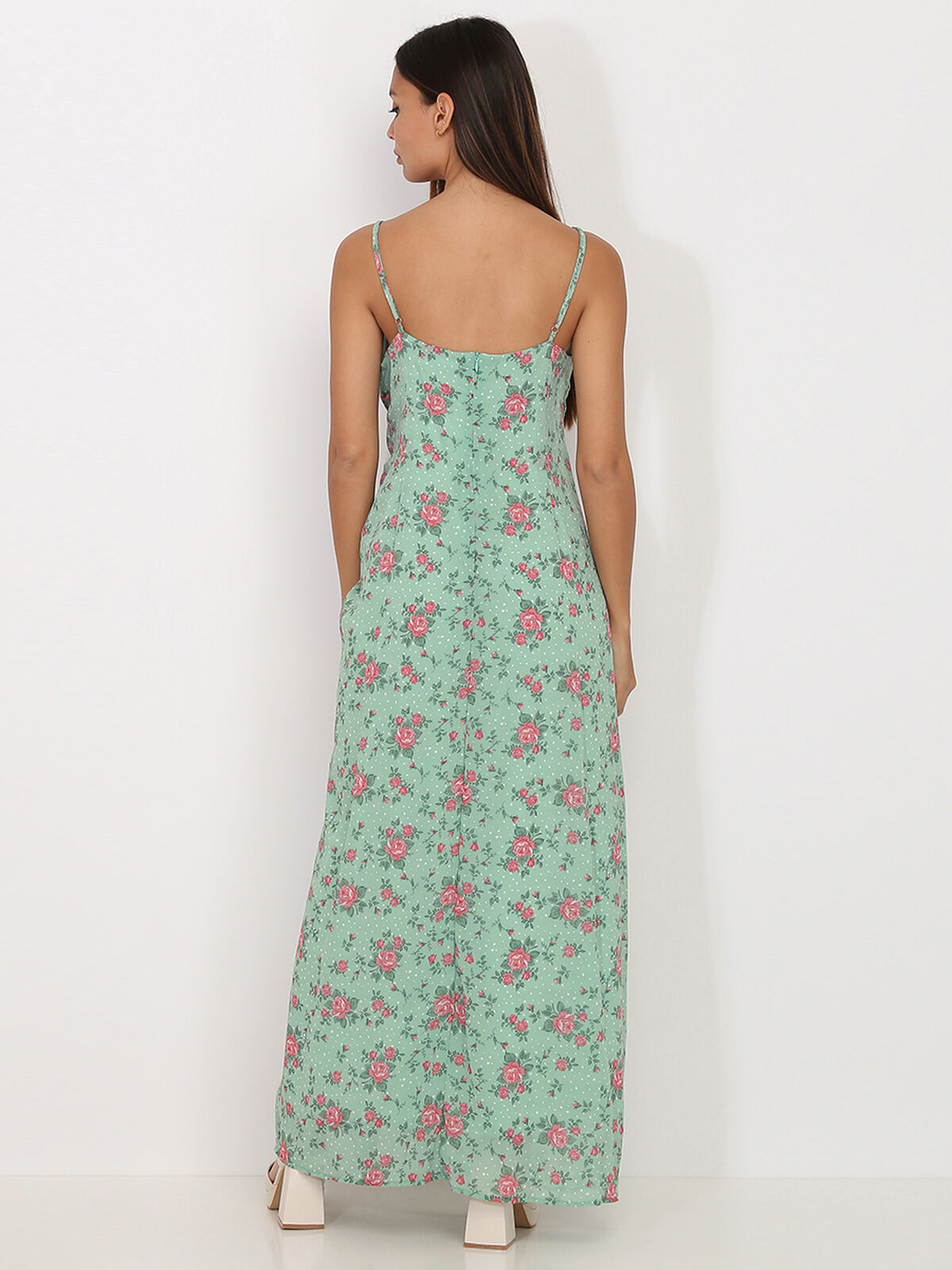 Robe longue à volants et imprimé floral- Vert