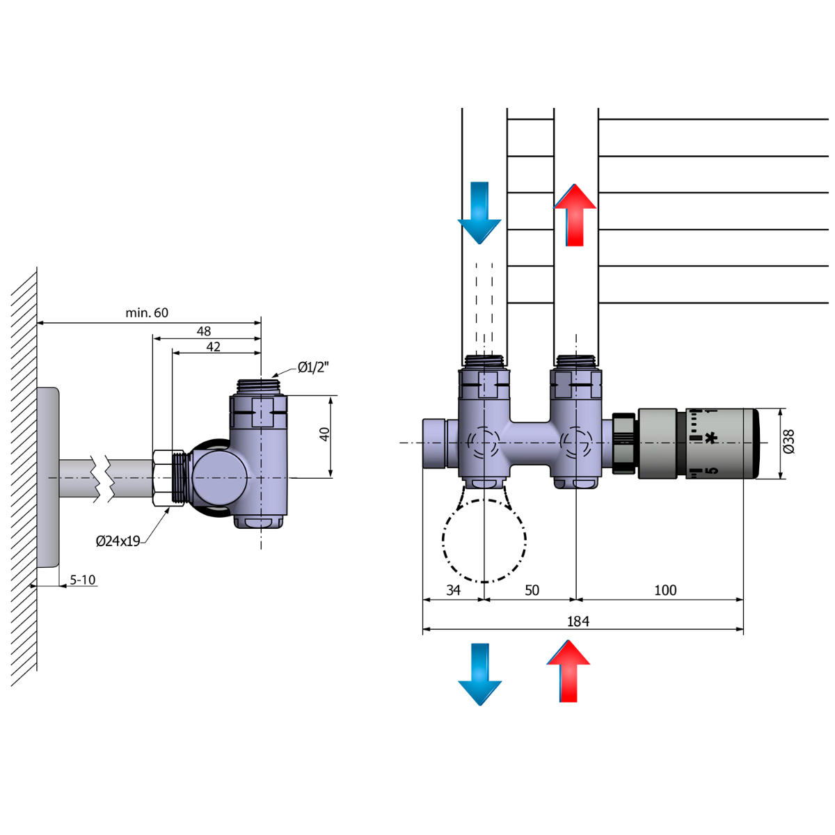 Sapho Twin Combi radiator m/o aansluitset rechts roestvrij staal