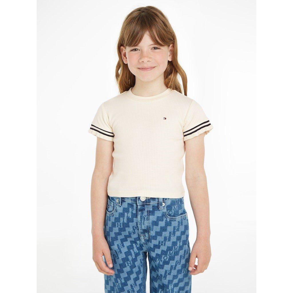 Tommy Hilfiger Ruffle Ribbed Knit Short Sleeve Top