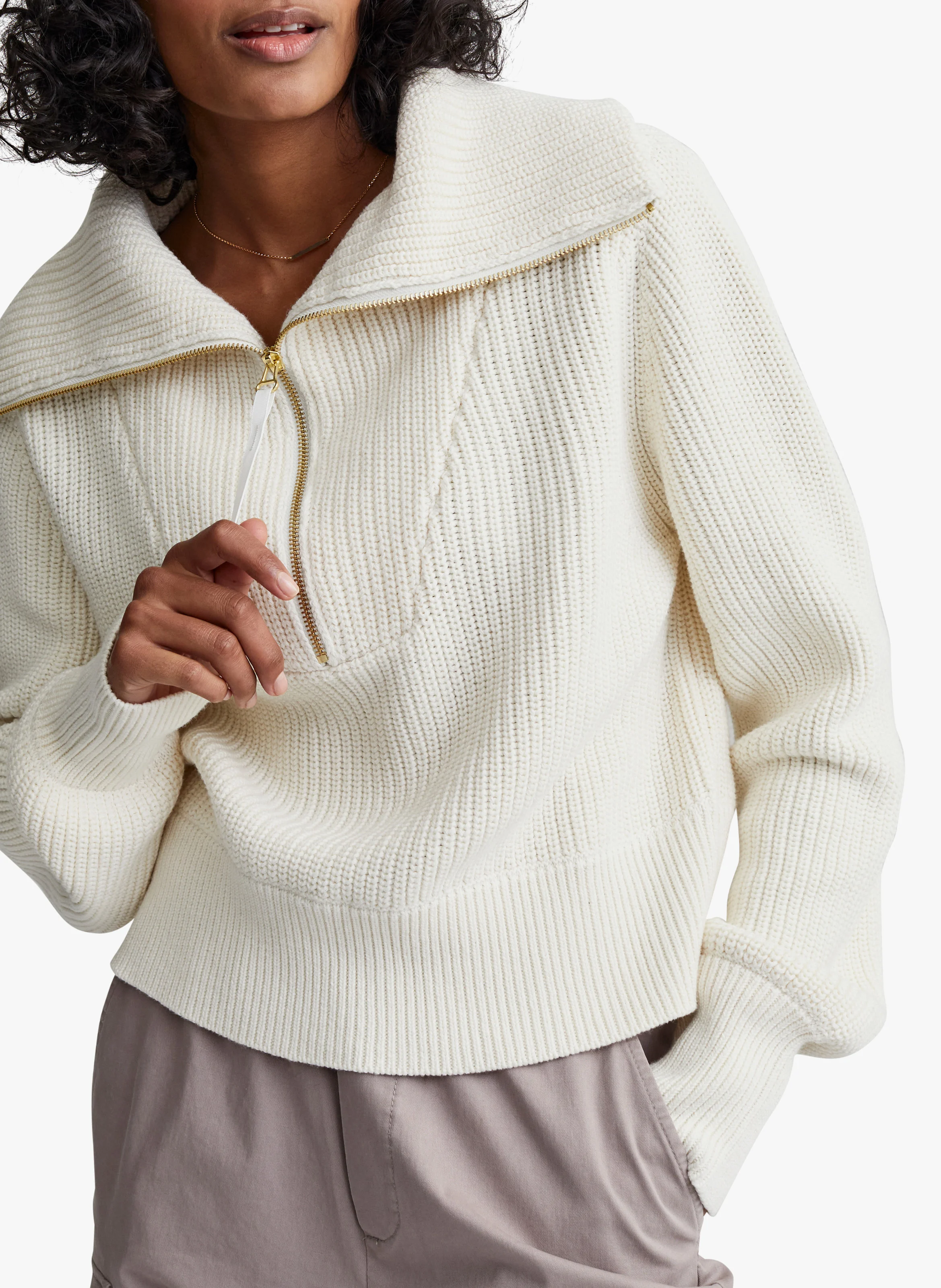 MENTONE - Pull col montant côtelé en coton| Beige