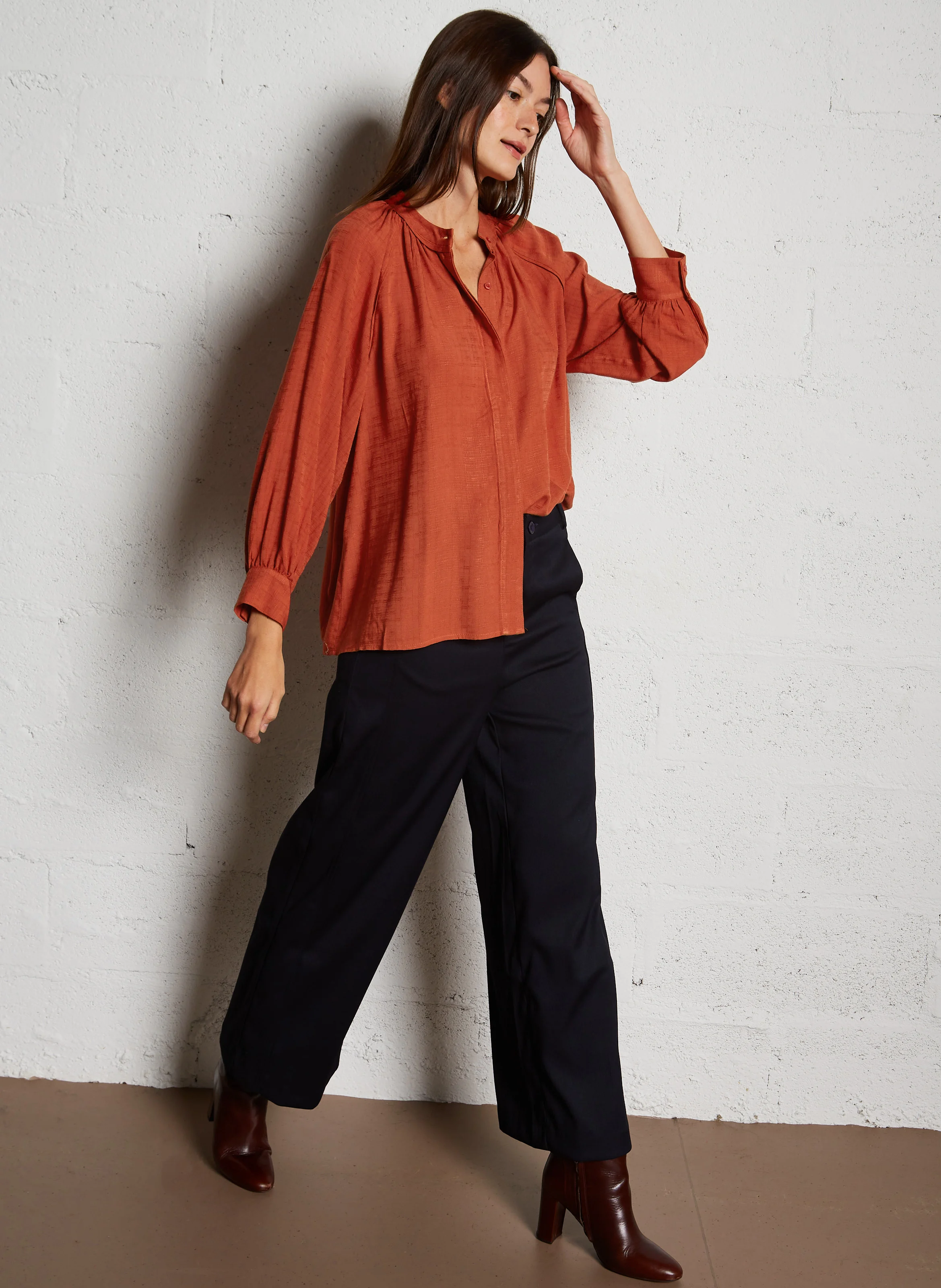 Chemise ample à col mao | Orange